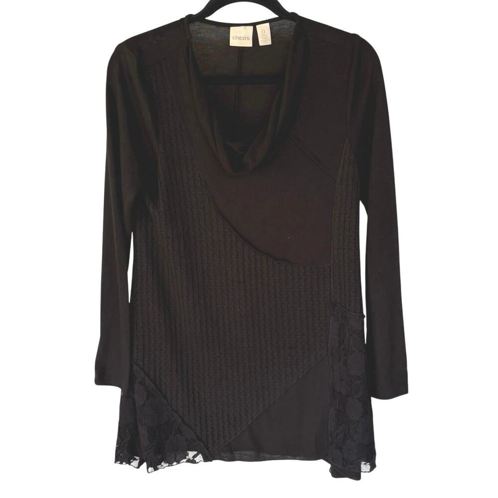 Chico’s Black Patchwork Boho Cowl Neck Shabby Chi… - image 1